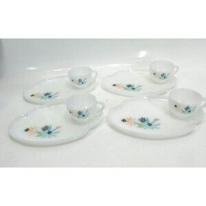 Vintage Anchor Hocking Fire-King Milk Glass Snack 3 Sets 4 Cups & Plates Atomic